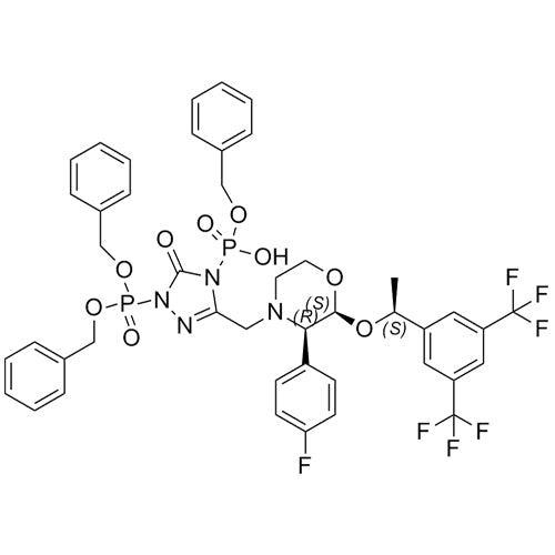 benzyl hydrogen (1-(bis(benzyloxy)phosphoryl)-3-(((2S,3R)-2-((S)-1-(3,5-bis(trifluoromethyl)phenyl)ethoxy)-3-(4-fluorophenyl)morpholino)methyl)-5-oxo-1H-1,2,4-triazol-4(5H)-yl)phosphonate