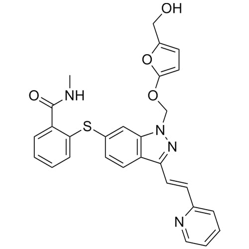 (E)-2-((1-(((5-(hydroxymethyl)furan-2-yl)oxy)methyl)-3-(2-(pyridin-2-yl)vinyl)-1H-indazol-6-yl)thio)-N-methylbenzamide