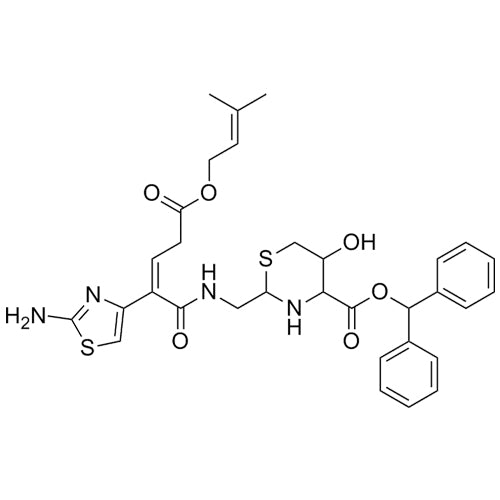 (Z)-benzhydryl 2-((2-(2-aminothiazol-4-yl)-5-((3-methylbut-2-en-1-yl)oxy)-5-oxopent-2-enamido)methyl)-5-hydroxy-1,3-thiazinane-4-carboxylate