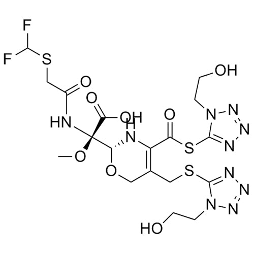 (R)-2-(2-((difluoromethyl)thio)acetamido)-2-((R)-4-(((1-(2-hydroxyethyl)-1H-tetrazol-5-yl)thio)carbonyl)-5-(((1-(2-hydroxyethyl)-1H-tetrazol-5-yl)thio)methyl)-3,6-dihydro-2H-1,3-oxazin-2-yl)-2-methoxyacetic acid